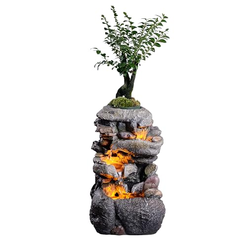 Tabletop Water Fountain with LED Light and Planter for Indoor Decor