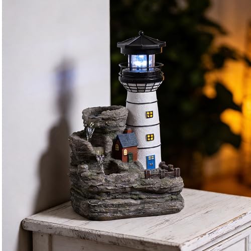 Coastal Lighthouse Tabletop Water Fountain with Blue LED Light