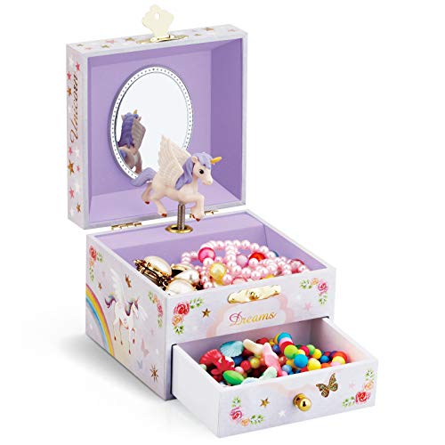 Musical Jewelry Box for Girls with Unicorn and Drawer, Purple