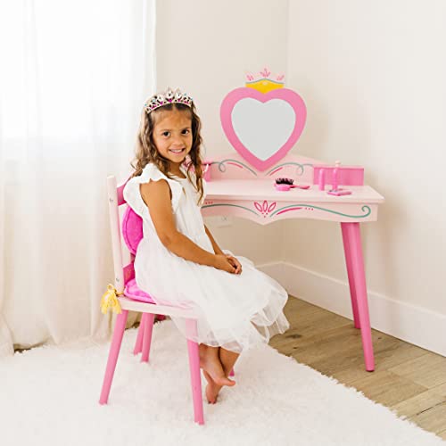 Kids Wooden Vanity and Chair Set with Mirror and Jewelry Storage - Pink