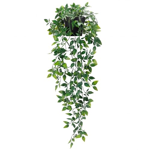 Artificial Hanging Plant in Black Pot - Small Fake Potted Vine for Shelf Decor