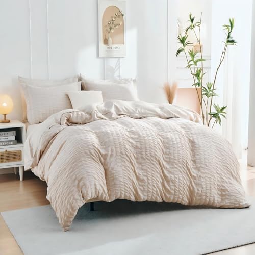 Beige Seersucker Queen Duvet Cover Set - 3-Piece Soft Microfiber Bedding