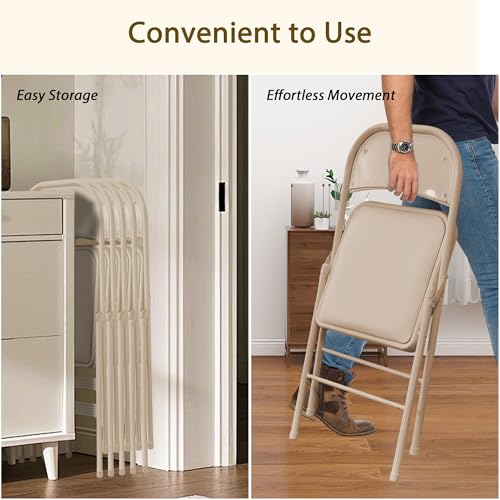 Heavy Duty Folding Chairs 6-Pack, Padded Khaki Steel Frame for Indoor Outdoor