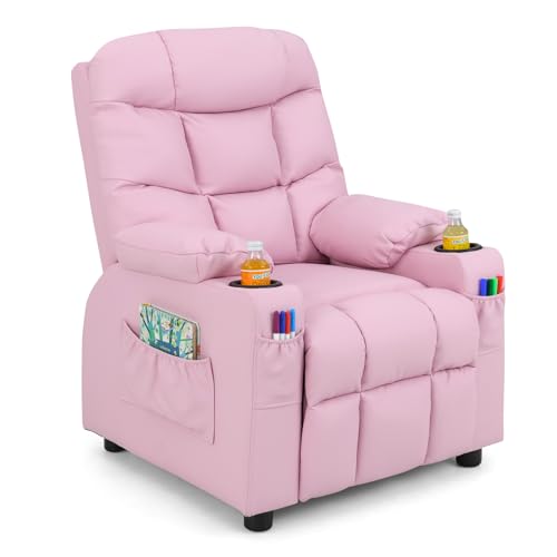 Costzon Kids Pink Recliner Chair 26”x28”x34” with Cup Holder & Footrest