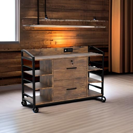 44-Inch Rolling File Cabinet with Lock, Power Strip, and Storage Shelves