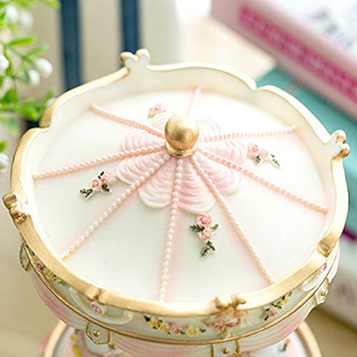 Rotating Carousel Music Box with LED Lights, Pink Resin Tabletop Decor