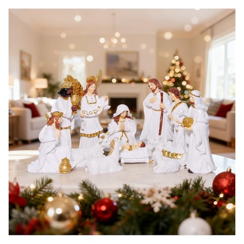 12-Piece Nativity Scene Set for Christmas - Holy Family & Stable Figures, 6 Inch Resin Decorations