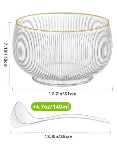 2.5 Gallon Ribbed Glass Punch Bowl Set with Gold Rim and Serving Ladle