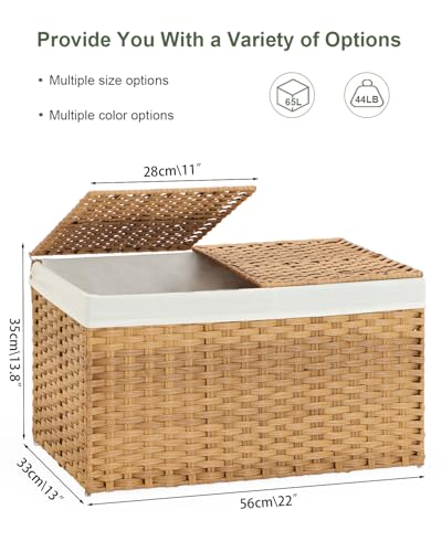 Woven Storage Basket with Lid 65L Foldable Rattan Hamper with Liners