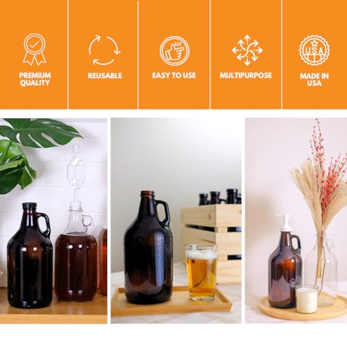 64 oz Amber Glass Growlers - 6 Pack Half Gallon Jugs with Poly Seal Caps