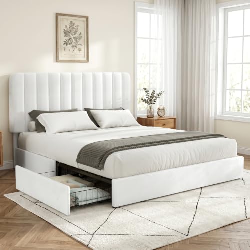 Full Size Velvet Upholstered Platform Bed Frame with 4 Storage Drawers, White