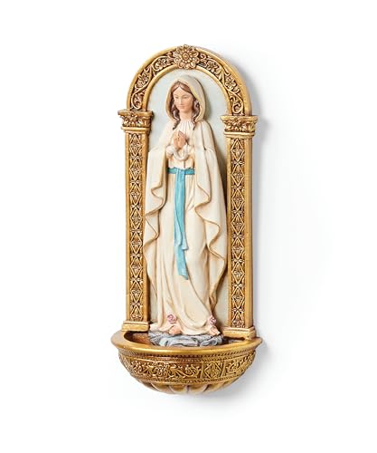 Our Lady of Lourdes Holy Water Font, 7.25-Inch Resin Religious Wall Decor