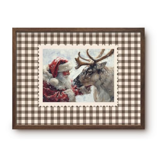 Vintage Santa Claus and Reindeer Wall Art Framed 12x16 Brown