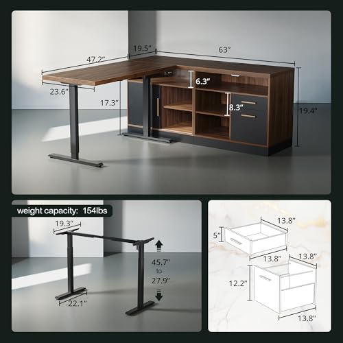 67-Inch L-Shaped Standing Desk with Bookshelf and File Cabinet