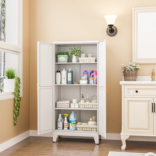 White Metal Kitchen Pantry Cabinet with 2 Doors & Adjustable Shelves
