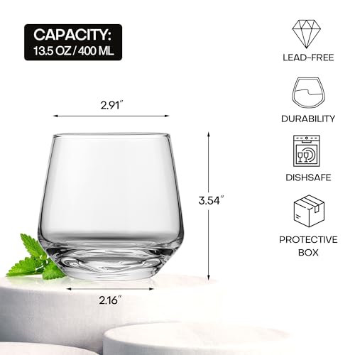 Stemless Wine Glasses Set of 4, 13.5oz Crystal Glass Tumblers for Red White