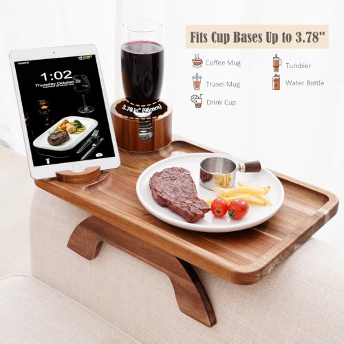 Acacia Wood Sofa Arm Tray with 360° Rotating Cup Holder and Phone Stand