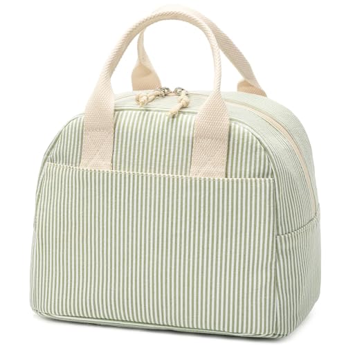 Insulated Lunch Tote Bag, Green Stripe Lunch Box for Office and Travel