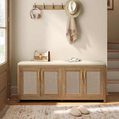Boho Shoe Storage Bench with Cushion and 4 Rattan-Look Cabinet Doors