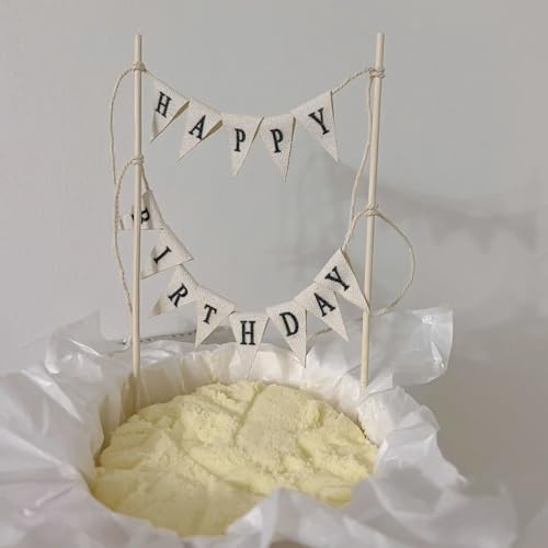 Happy Birthday Cake Topper - Reusable Ivory Cotton Banner Decoration
