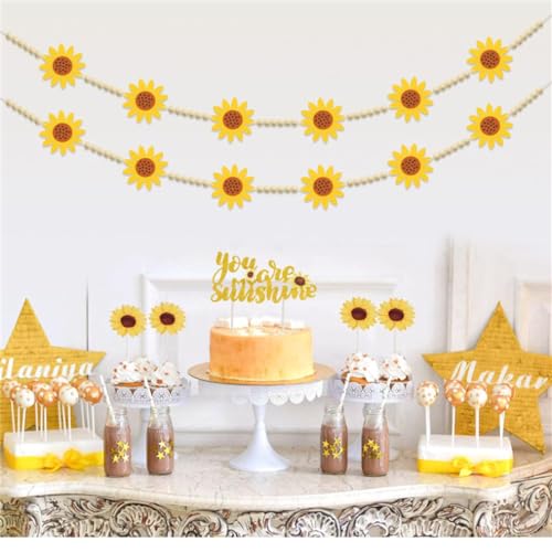 Farmhouse Wood Bead Garland with Felt Sunflowers and Tassels - 55 Inch