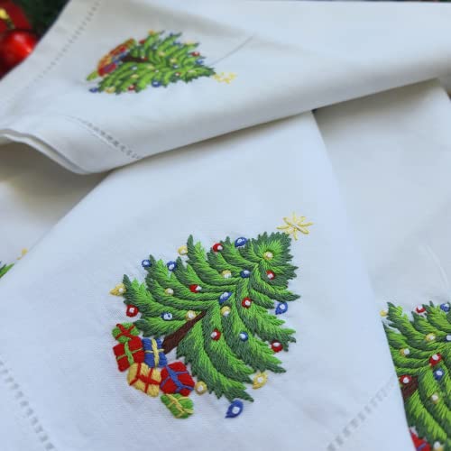 HCRAFT Christmas Tree Embroidered Cotton Napkins Set of 4, 18x18 Inches - Festive Cloth Tableware