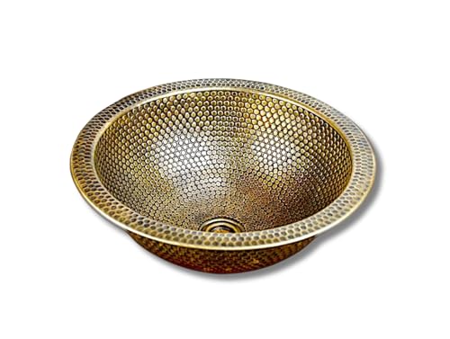 14-Inch Hand Hammered Brushed Brass Bathroom Sink, Dual Mount Round Basin