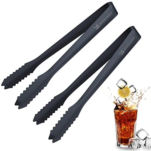 MSY BIGSUNNY 7-Inch Stainless Steel Ice Tongs Set of 2 Black - Small Serving Tongs for Ice, Lemon & Cookies
