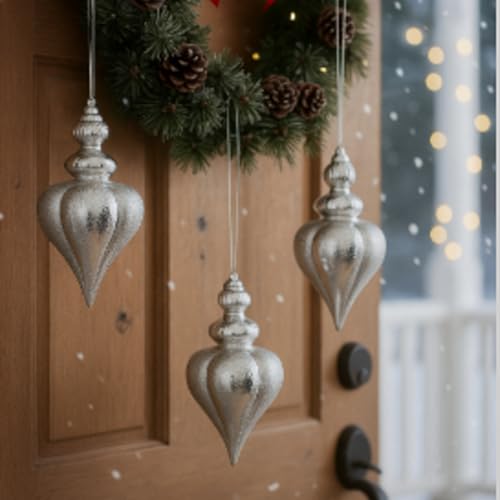 Soulchen 4 Pack 9-Inch Silver Glitter Christmas Ball Ornaments - Finial Drop Decor