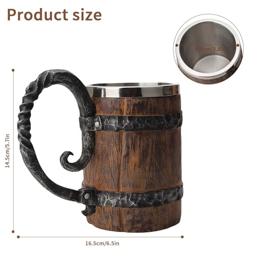 Vintage Wooden Barrel Beer Mug with Stainless Steel Liner - 18 oz Tankard