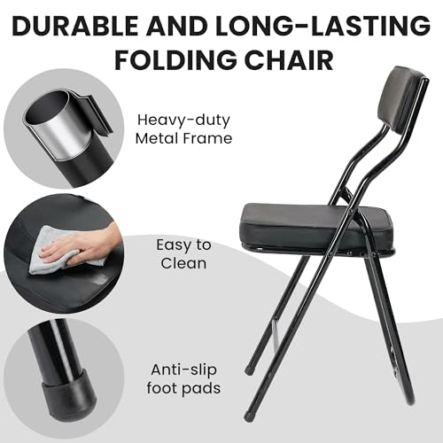 2 Pack Black Padded Folding Chairs, Heavy-Duty Metal Foldable Dining Chairs