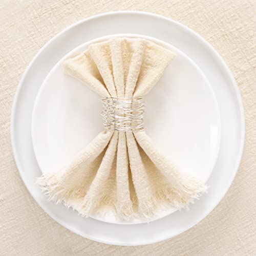 Beige 6-Pack Linen Cotton Dinner Napkins Fringe 17x17 for Wedding Party