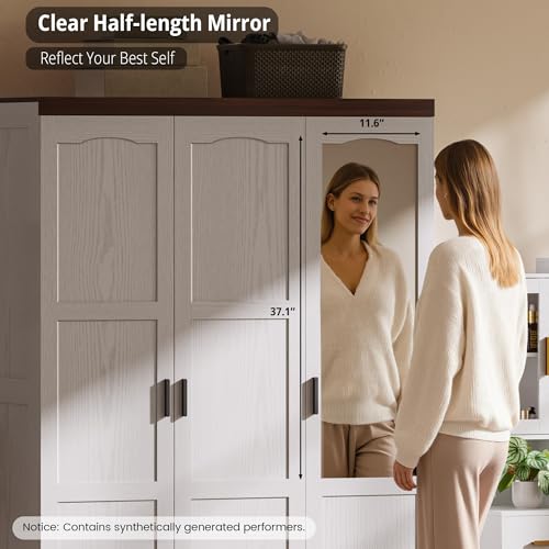 3-Door Wardrobe Closet with Mirror, Adjustable Shelves and Hanging Rods