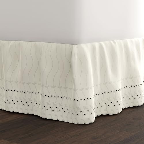 Ruffled Queen Bed Skirt with Eyelet Embroidery - 14 Inch Drop, Ivory