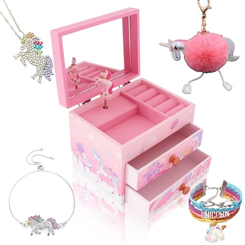 Unicorn Musical Jewelry Box with Necklace and Bracelet Set for Girls