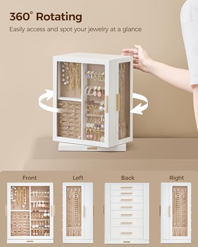 360° Rotating Jewelry Organizer Box with 7 Drawers and Glass Display