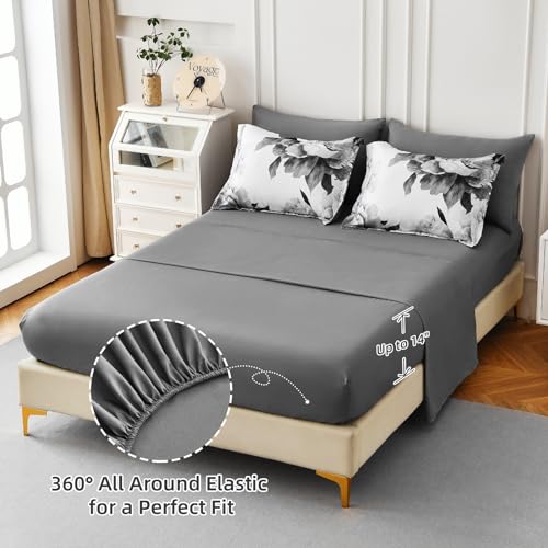 Grey Floral Queen Comforter Set - 7-Piece Soft Microfiber Bed in a Bag