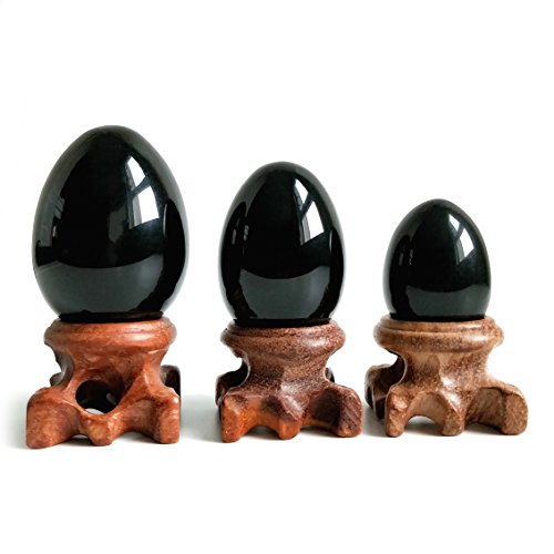 Black Obsidian Crystal Egg Set with Wooden Stands, 3-Piece Collection
