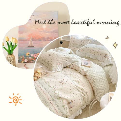 Twin Cotton Duvet Cover Set - Ruffle Strawberry Rabbit Print Bedding
