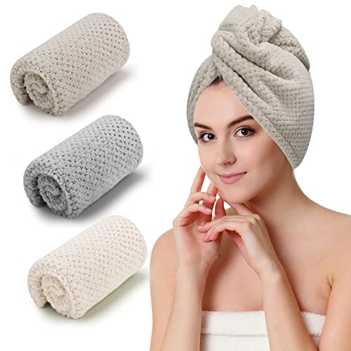 CZZXI 3 Pack Microfiber Hair Towels for Women - Quick Dry, Frizz-Free, Soft Hair Wraps in Beige, Khaki, Grey