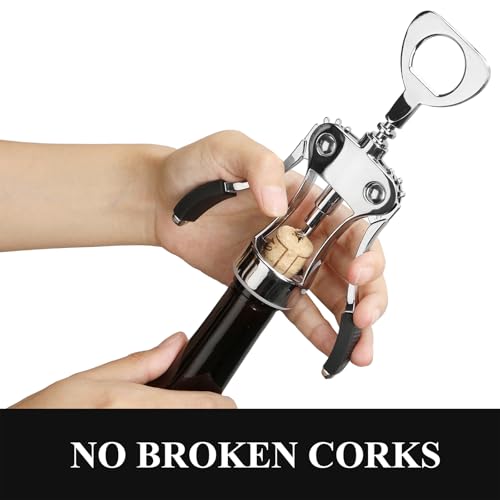 KORCCI Silver Heavy-Duty Zinc Alloy Wing Corkscrew & Bottle Opener - Multifunctional Wine Accessory