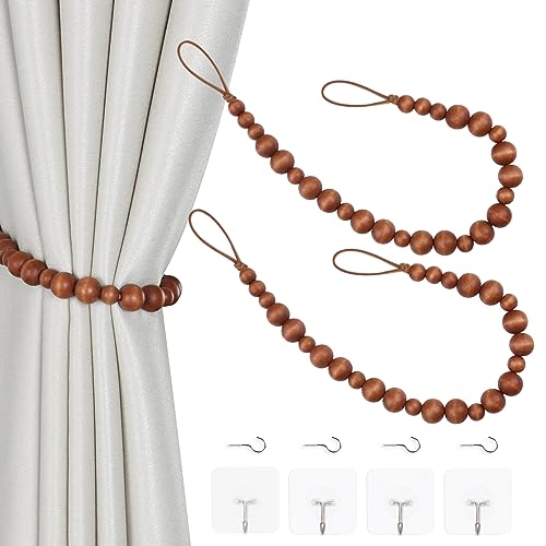 2 Pieces Wood Bead Curtain Tiebacks, Bohemian Style Drape Holdbacks