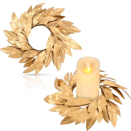 Gold Bay Leaf Candle Ring Wreaths - 2-Piece Christmas Centerpieces (3.9 In)