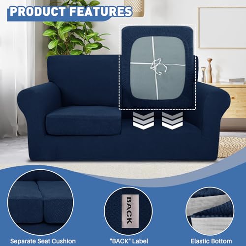 Stretch Loveseat Sofa Covers - 3-Piece Thick Slipcover Set for 2 Cushions, Navy Blue