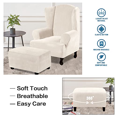 Stretch Velvet Ottoman Cover - Large Rectangle Slipcover, Ivory