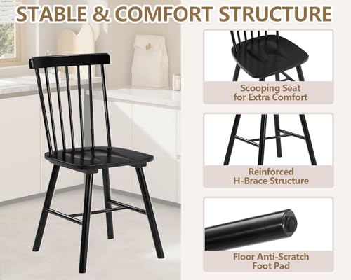 Windsor Dining Chairs Set of 6, Solid Wood Spindle Back Kitchen Chairs, Black