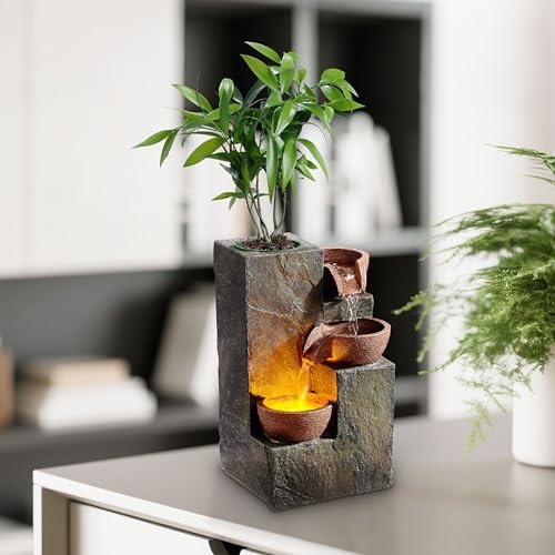 3-Tier Tabletop Indoor Waterfall Fountain with LED Light & DIY Planter