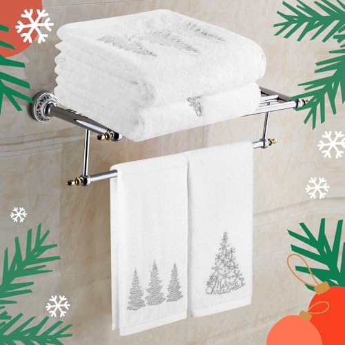 Quera 2-Pack Christmas Hand Towels 14x30" Embroidered Winter Woodland Trees