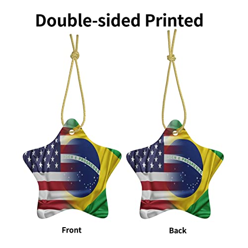 USA Brazil Flag Christmas Tree Ornament Ceramic Double-Sided Hanging Décor - One Size