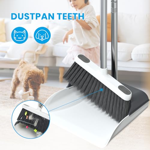 Stand Up Dustpan and Broom Set - 50" Ergonomic Long Handle Broom with Comb